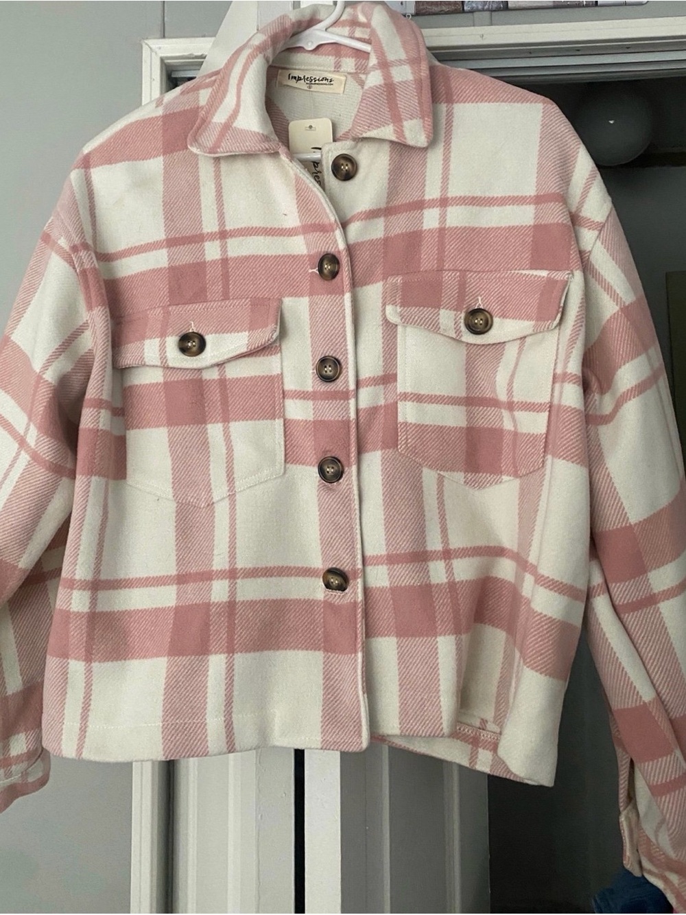 Impressions Pink & White Plaid Utility Shacket